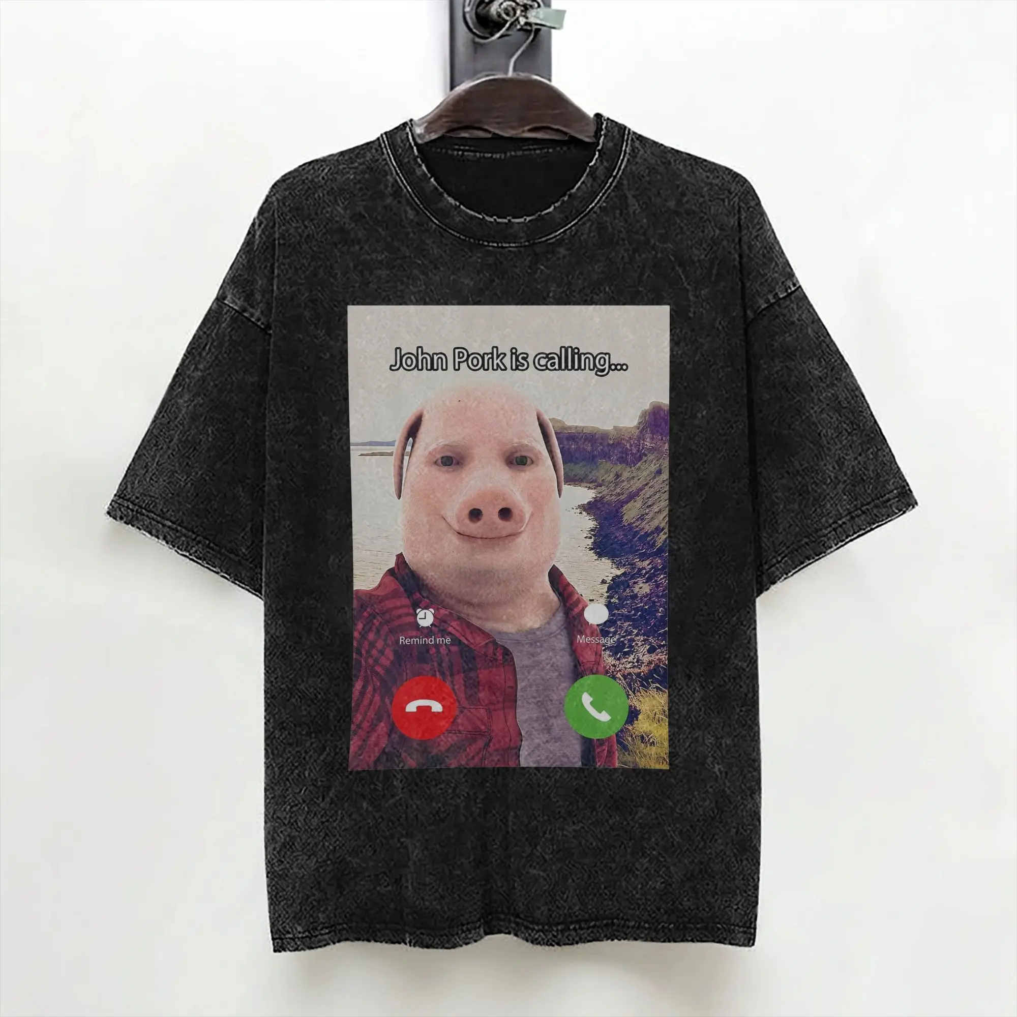 John Pork Is Calling Funny Answer Call Phone T Shirts Washed Cotton T-Shirt meme Retro Men Women Streetwear Summer Tops Tees