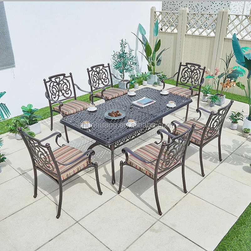 Hot selling outdoor garden metal chair long table set with side table furniture patio iron dining Set for 8 seaters