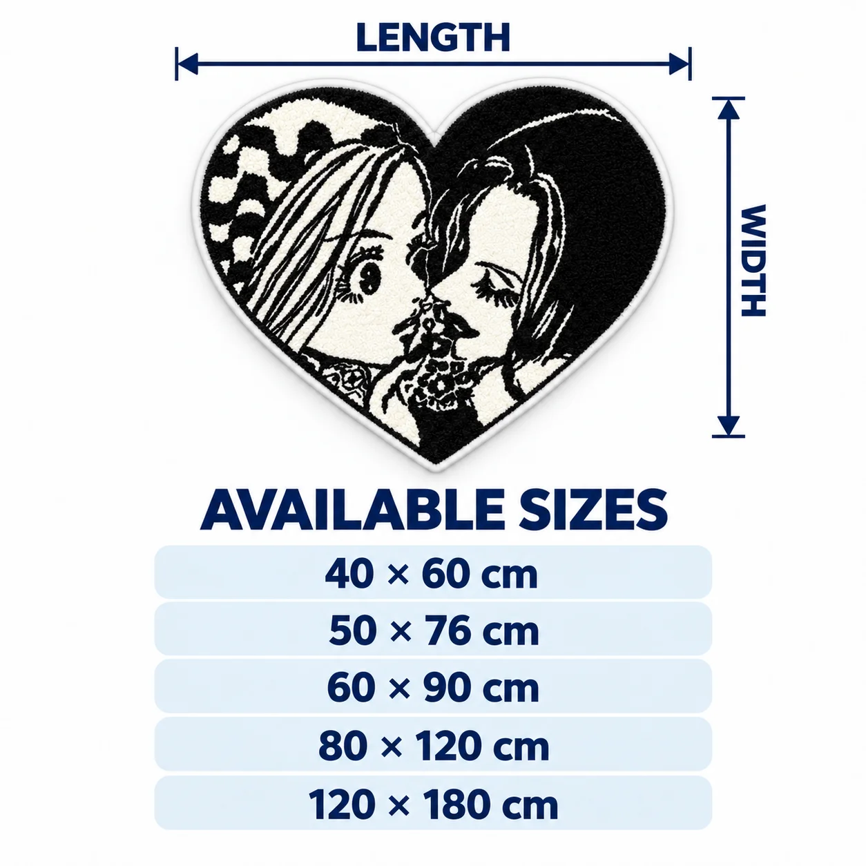 Black and White Heart Anime N-NANA Shaped Romance Area Rug, Irregular Flannel Floor Mat for Bedroom Living Room Home Decor Gift