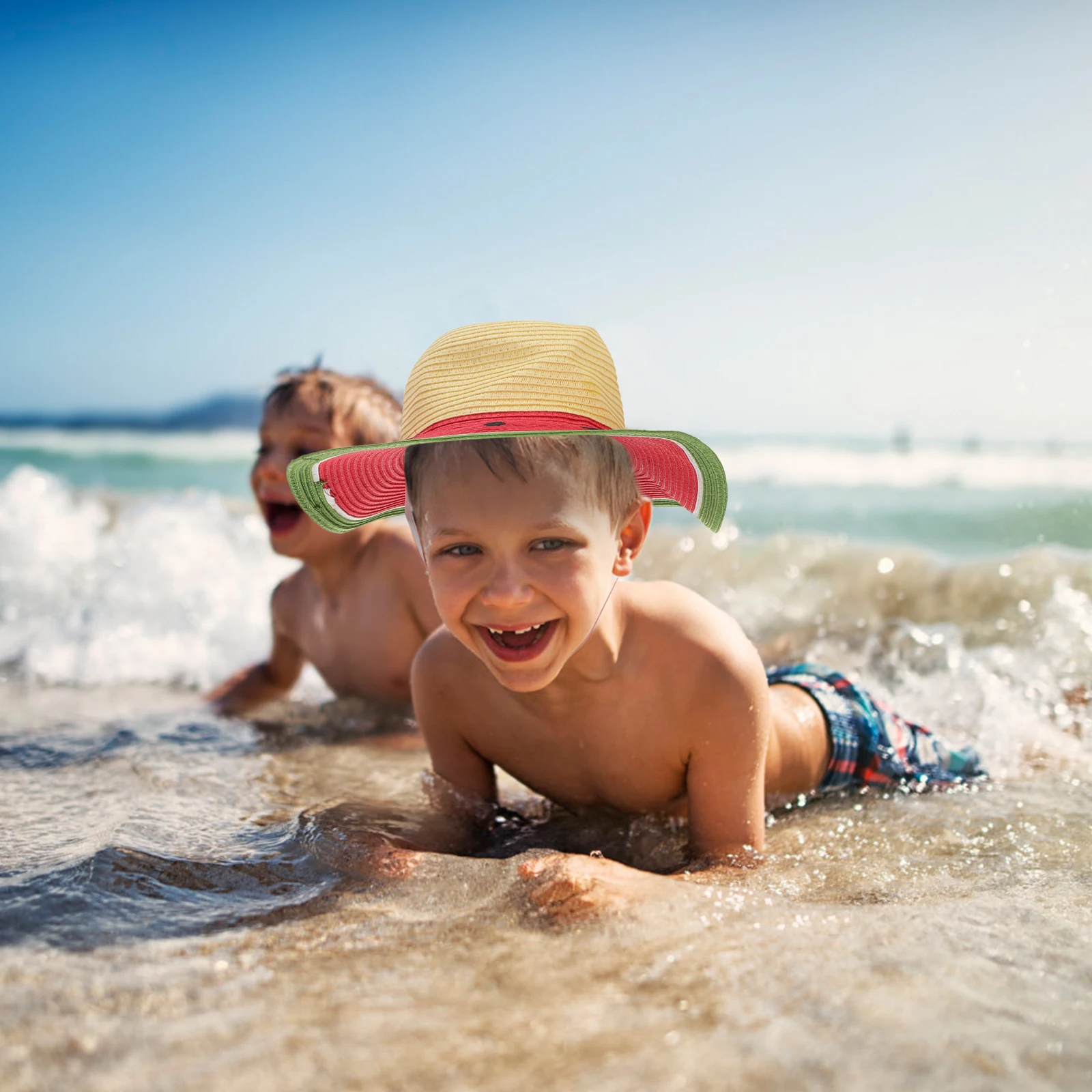 

Kids Straw Large Wide Brim Summer Sun Block Hat Beach Outdoor Lightweight Elastic Chin Strap Floppy Beach Sun Hat Watermelon