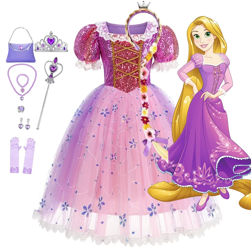 Robe Cosplay Disney raiponce pour filles, Costume de princesse à manches bouffantes pour enfants, robe de bal en dentelle à paillettes pour fête d'anniversaire et de carnaval