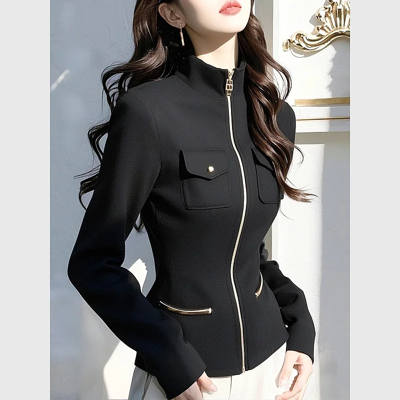 

Black Stand-up Collar Long-sleeved Sweatshirt for Women in Spring New Korean Casual and Versatile Waist-hugging Jacket