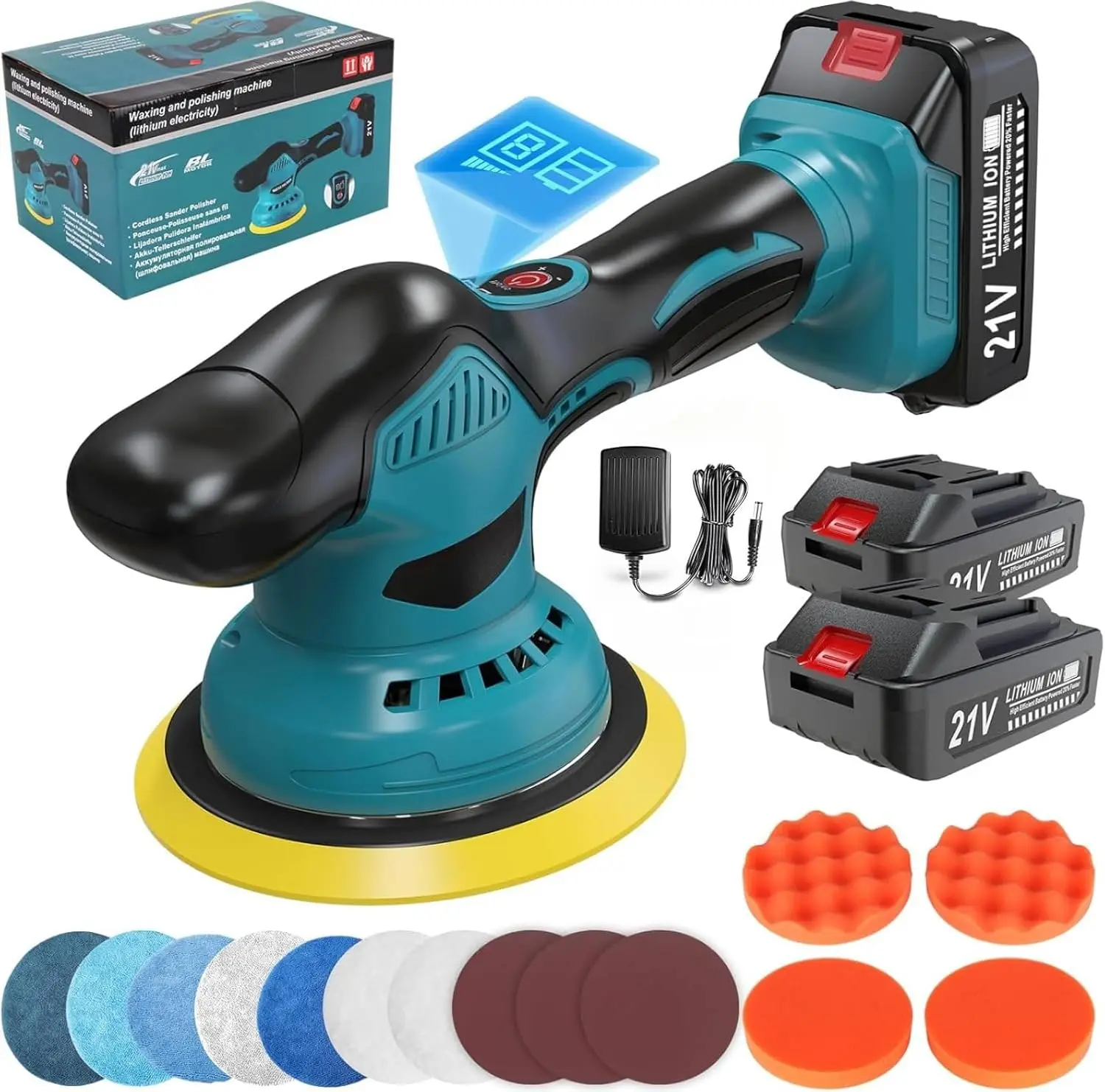 Cordless Car Buffer Polisher Machine Kit with 2PCS 21V 2.6Ah Rechargeable Batteries, 8 Variable Speed 2800-5500RPM Polishing