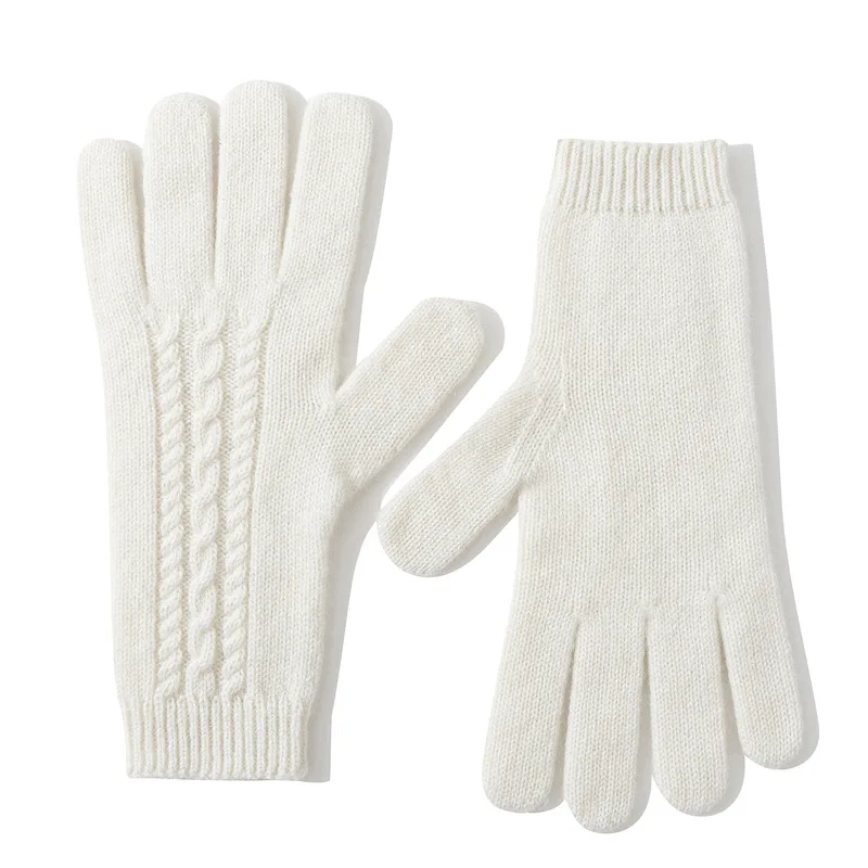 Knitted 100% Cashmere Gloves Women Winter Warm Outdoor Accessories Cable Pattern