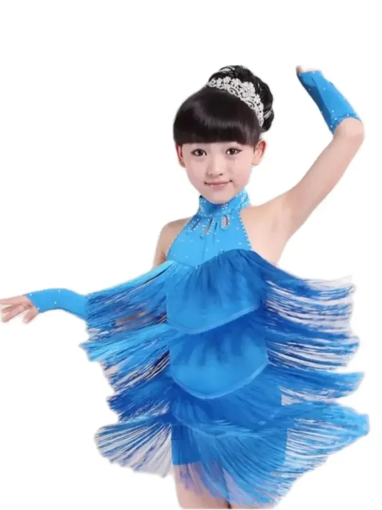 1 pcs/lot child girls tassel dress ballroom Latin salsa dancewear dance costume candy color solid Latin dress uy573