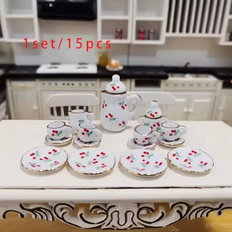 1 Set 15Pcs Dollhouse Playhouse Accessory Mini Ceramic Tea Set Pocket Toys for Kids Role Play Hobby Collection