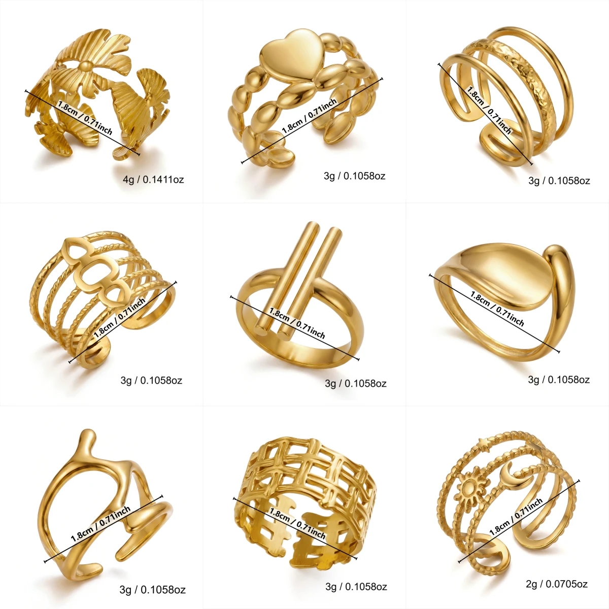 Gmai Vintage Hohle PVD-beschichtete Edelstahl-Offene Ringe Set für Frauen Zierliche Geometrische Manschettenringe Wasserfester Schmuck Geschenk – Detail 7