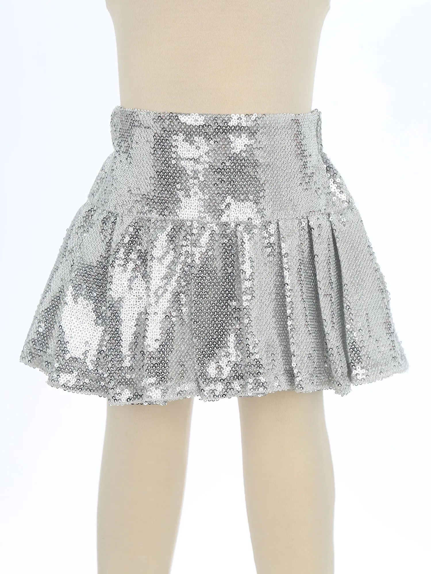 Kids Girls Shiny Sequins A-line Pleated Skirt Elastic Waistband Fashion Culottes for Cheerleading Jazz Dance School Daily Wear