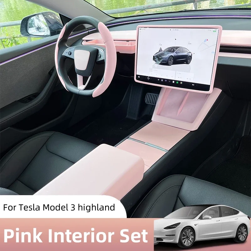 Interno rosa per Tesla Model 3 Highland Console centrale Scatola portaoggetti Adesivo Volante Copertura dello schermo posteriore Protezione dello