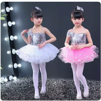 Girls Jazz Modern Dancing Costumes White Yellow Pink Sequins Top Girls Dance Kids Ballerina Dress Silver Dance Wear Child