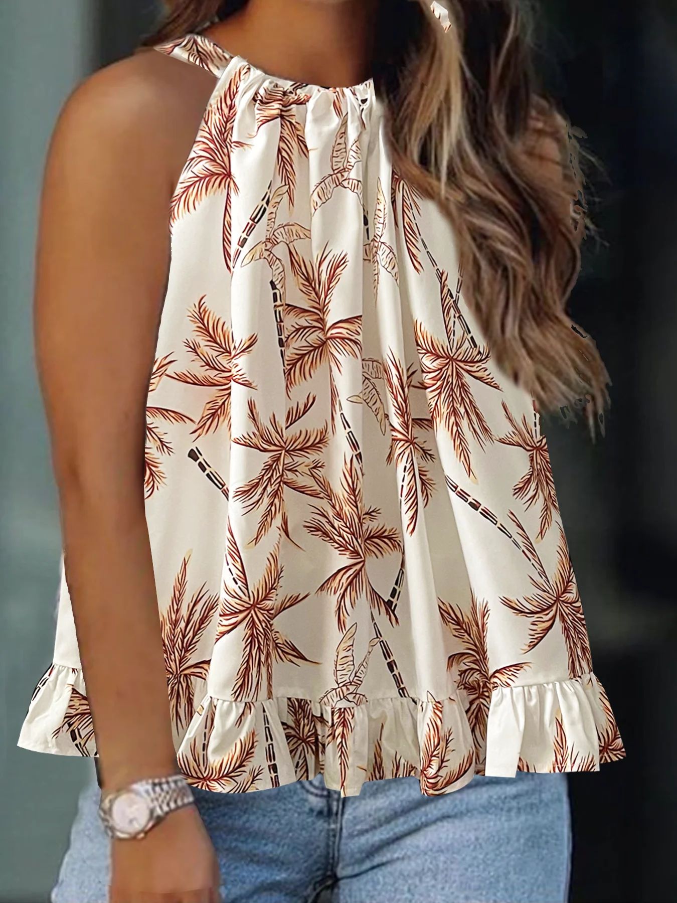 Tirantes de chaleco urbano elegante de color sólido con hombros descubiertos y cuello halter fresco y a la moda para primavera y verano de talla grande para mujer 。