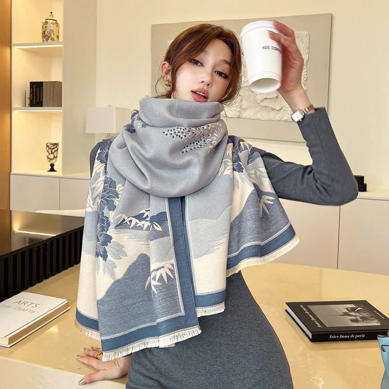 Fashion Jacquard Imitation Cashmere Shawl Woman Autumn And Winter Warm Sacrf Big Size Long Wraps Thick Outdoor Windproof Cape