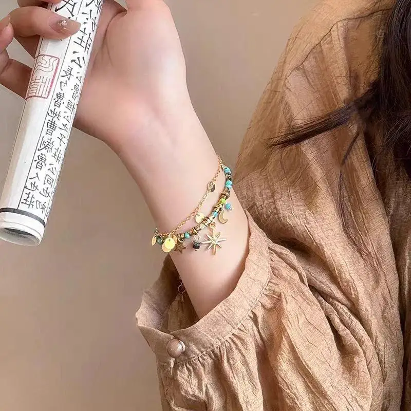 Layered Boho Bracelet Vintage Beaded Jewelry Sunflower Moon Pendant Set for Women Trendy Gift for Party and Travel