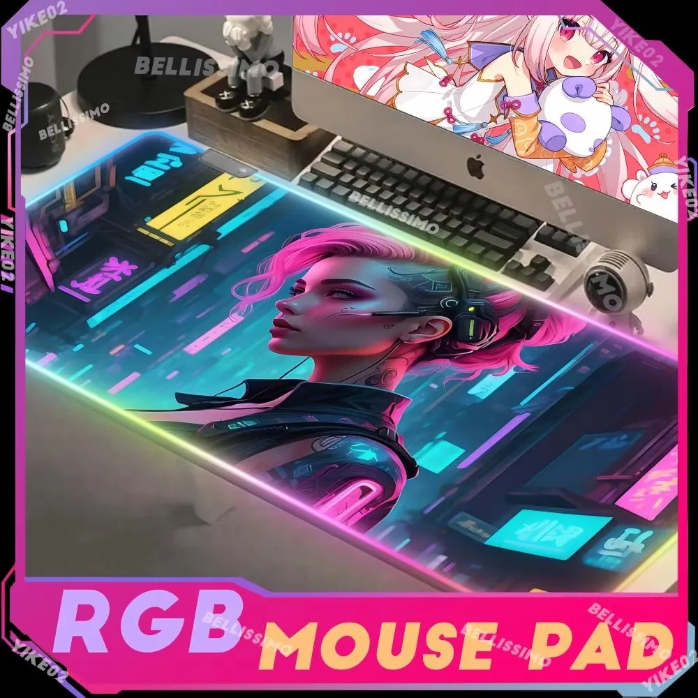 RGB Punk Girl Game MousePad Non-slip LED Keyboard Pad PC Gaming Computer Luminous 90x40 Large Keyboard Desk Mat Rubber Mouse Pad