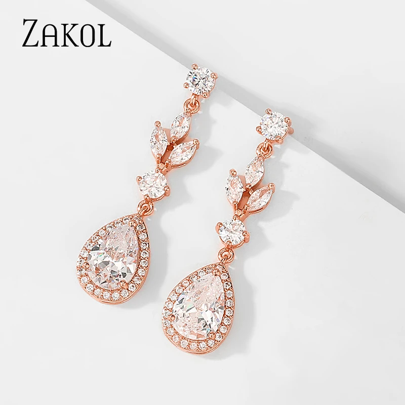 ZAKOL Fashion Leaf Bridal Earrings Water Drop Cubic Zircon Dangle Earrings For Women Wholesale EP2406