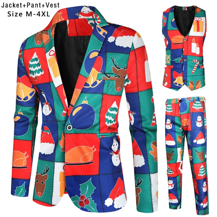 أزياء الرجال البدلة 3 قطعة مجموعات مضحك الطباعة دعوى معطف سترة السراويل الرجال عيد الميلاد زي هالوين حزب اللباس المرحلة الملابس