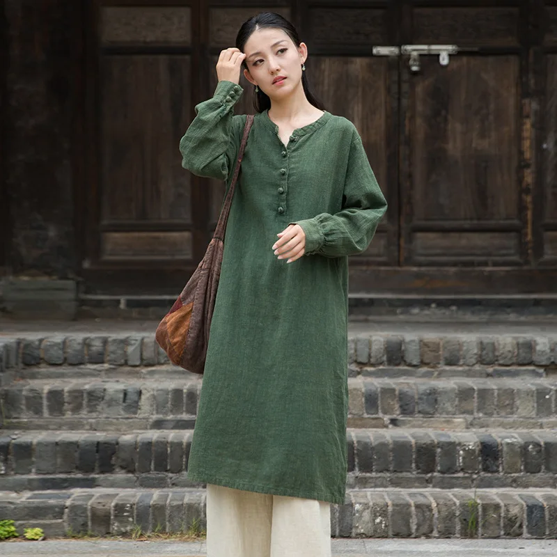 

Autumn Ramie Dress: Sand-Washed Tea Zen Robe, Qipao-Inspired