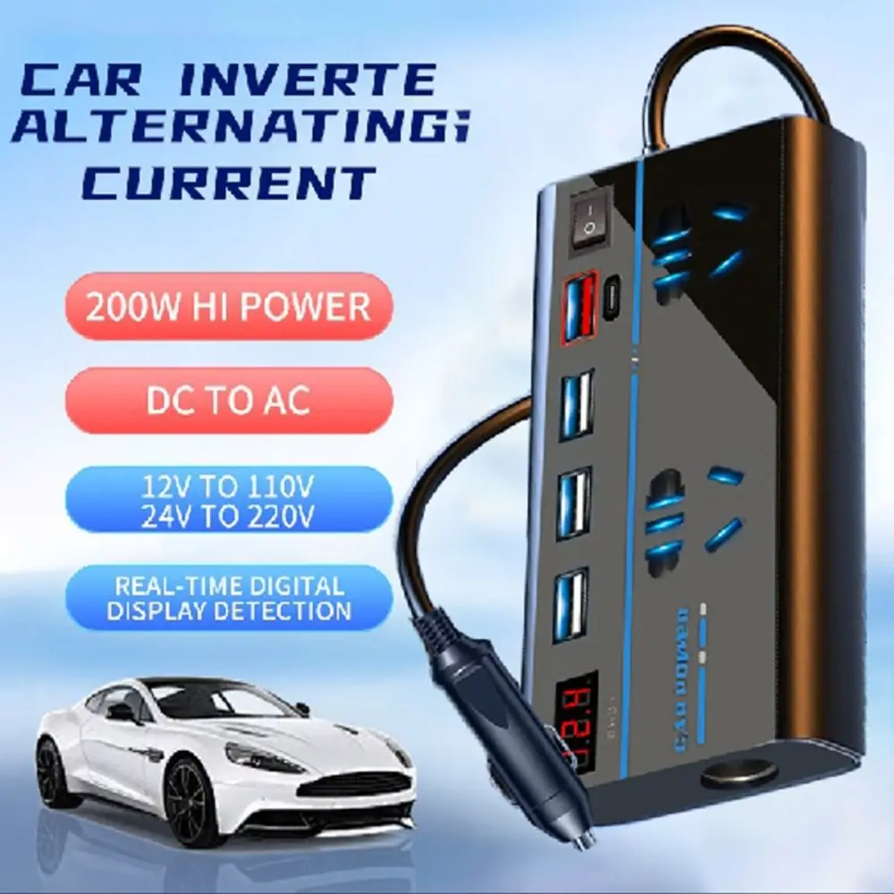 Universal Car Inverter DC 12V/24V To 220V 200W High Power Power Adapter Digital Display QC 3.0 USB/Type C Charger Car Converter