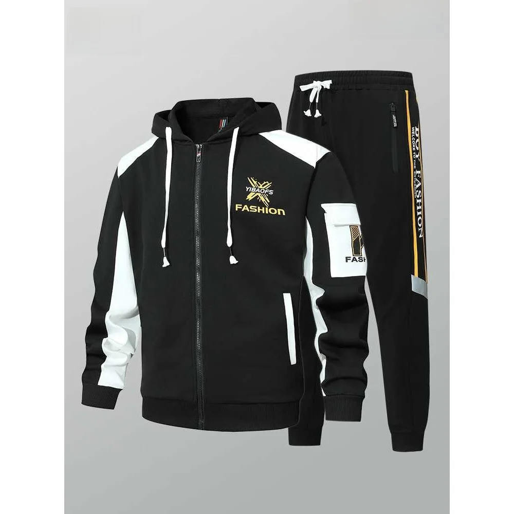 

Молодежный повседневный спортивный костюм для мальчиков: мужской весенне-осенний кардиган-худи и брюки, высококачественный модный комплект из двух предметов (без бренда)