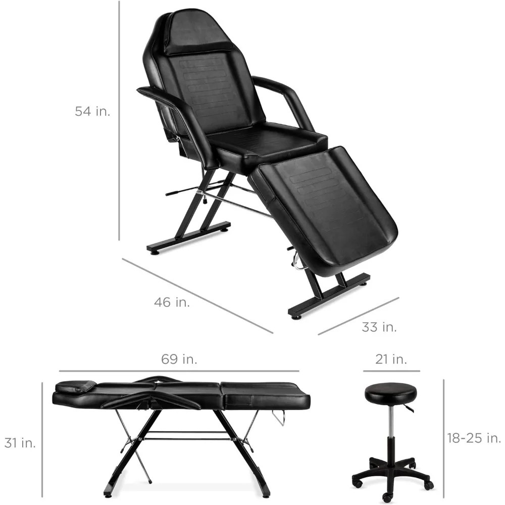 Lit de Énergie Polyvalent à 3 Sections avec Tabouret Hydraulique, Berceau pour le Visage, Porte-Serviettes, Chaise de Tatouage, Spa, Repose-Sauna, 71 Pouces