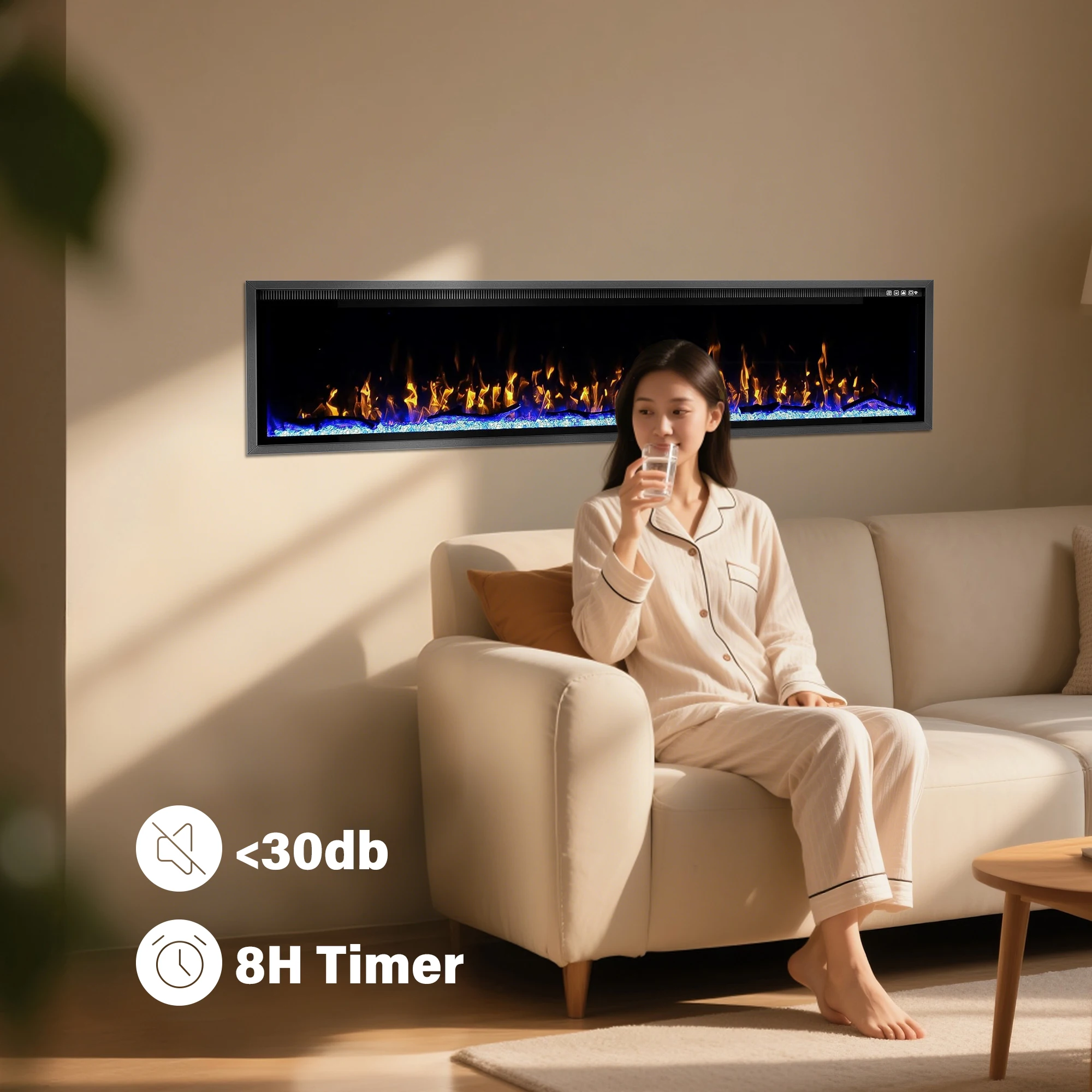 US Plug Type Electric LED Light Flame Heated Fireplaces with WiFi/APP Control Insert Installation Outdoor Household Hotel Use