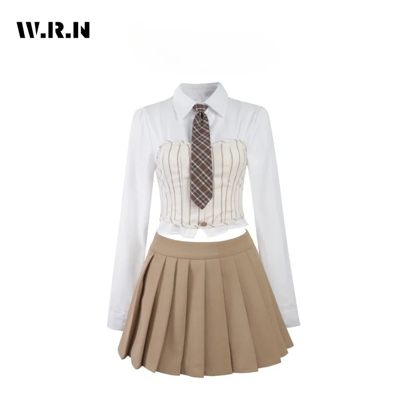 

2023 Autumn Preppy Style Plaid Jk Skirt Uniform Two Piece Set Women White Crop Top + Pleated Short Skirt Sexy Skirt 2 Piece Set