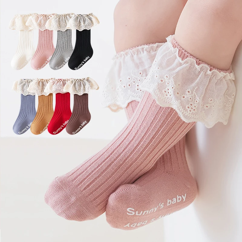 4/8 Pairs Toddler Infant Girls Anti‑Slip Floor Socks  Lace Ruffle Cuff Baby Girls Socks Princess Mid‑Calf Socks For Girls