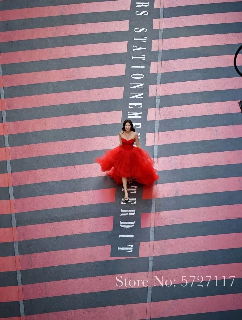 Short Front Long Back Red Prom Dresses Women Formal Party Vestidos De Gala Simple Sweetheart Beaded Tulle Red Evening Gowns