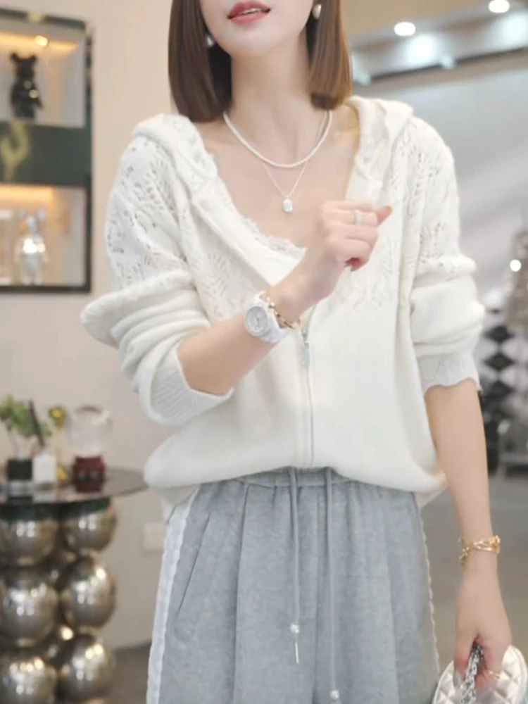 

Spring Thin Long Sleeve Knitted Hat Hook Flower Hollow out Cardigan Women's Fashionable Casual Style Regular Length Top