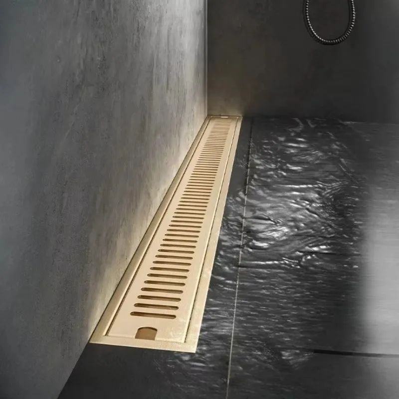 Gold Long Strip Rectangular Floor Drain,10x60cm,304 Stainless Steel Anti Odor Large Drainage Capacity Bathroom Drain