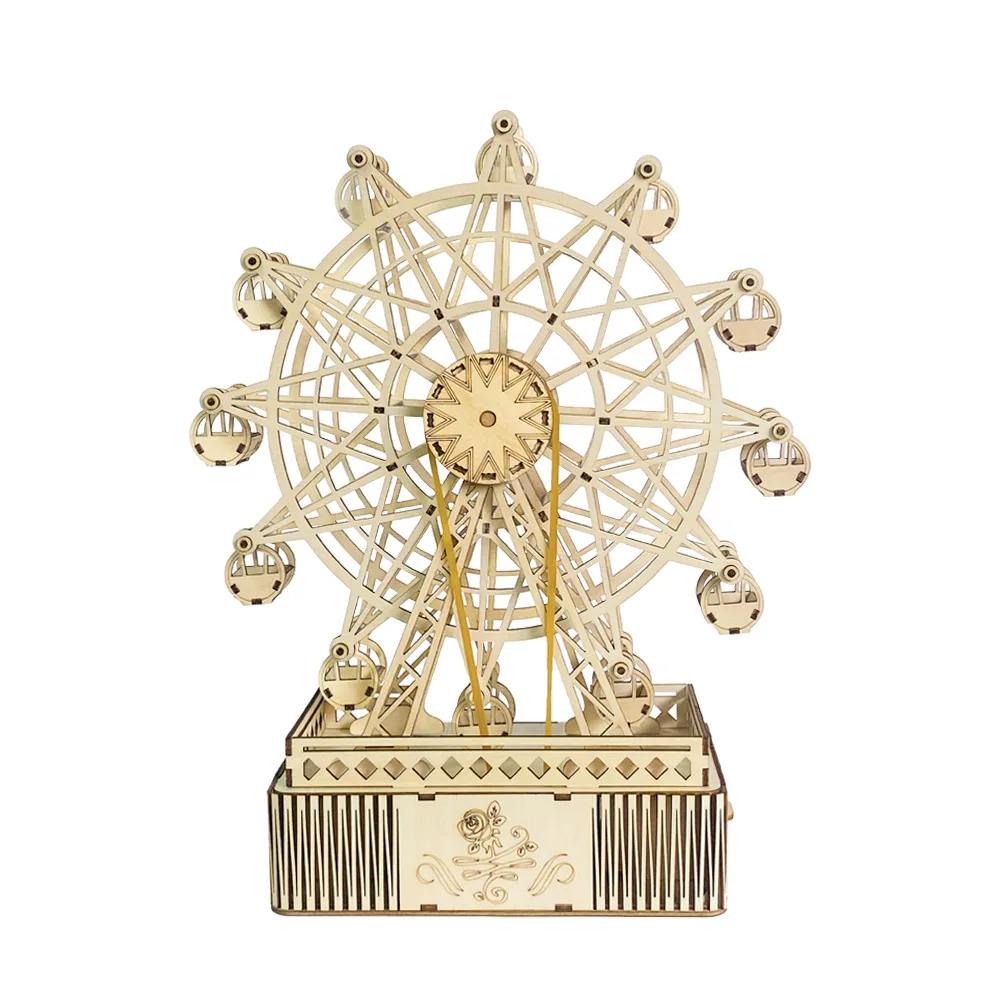 3D Wooden Puzzle Rotating Ferris Wheel Music Box Model Handmade DIY Assembly Toy Jigsaw Desktop Model Building Kits for Kids