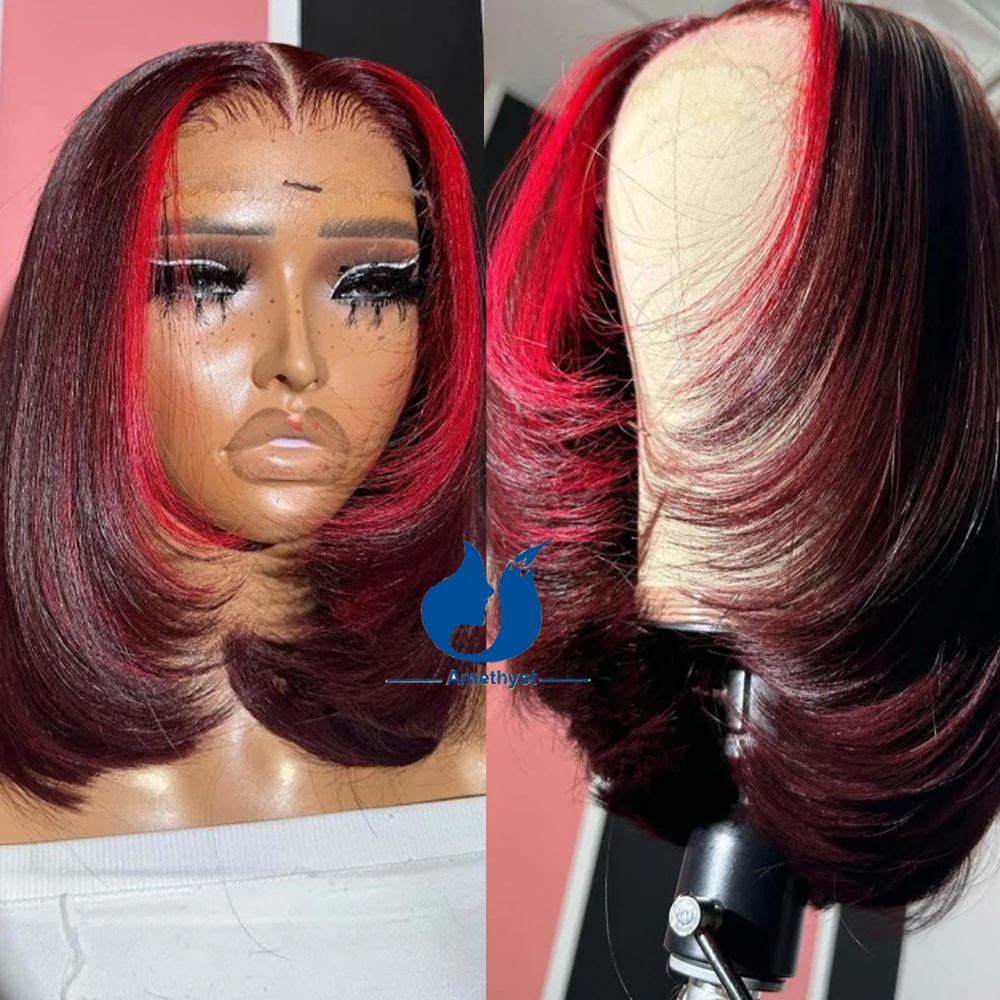 Skunk Stripe Bob Lace Front Wigs for Black Women 13X6 Deep Part Red Highlight Straight Human Hair Face Framing Layered Wig 99j B