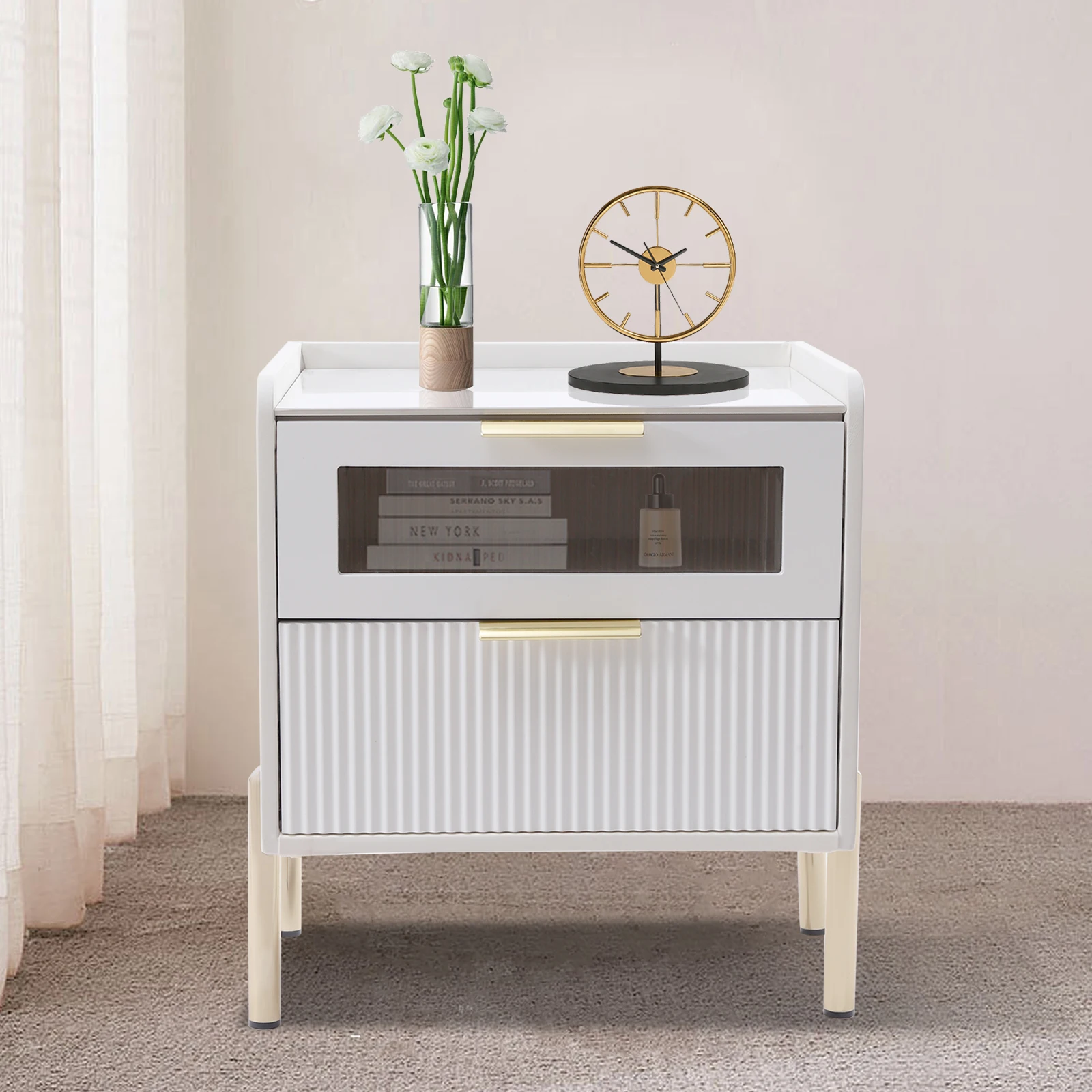 

Modern Nightstand with Clear Glass Drawers and Blister Drawers End Table with Smooth Slate White Bedside Table