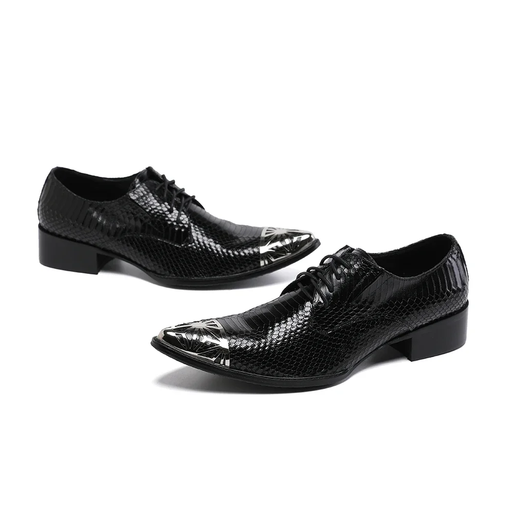 

Italian Wedding Party Dress Shoes for Men Big Size Metal Pointed Toe Real Leather Oxford Shoes Man Lace Up Business Formal Shoes