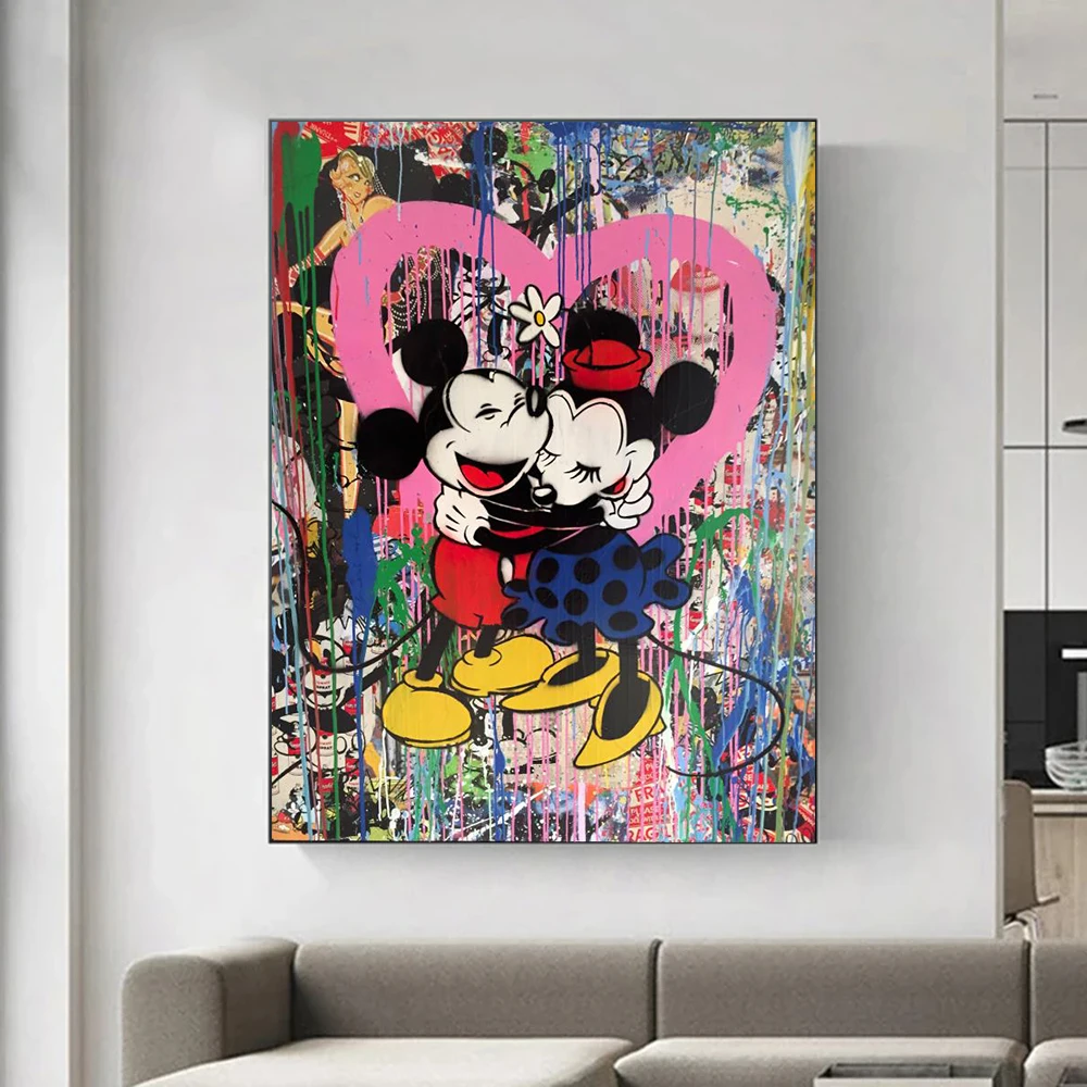 الكلاسيكية أنيمي ديزني الكتابة على الجدران ميكي ماوس الكرتون الجدار ملصق فني يطبع غرفة المنزل الحديثة ديكور قماش اللوحة الجداريات ، الإطار