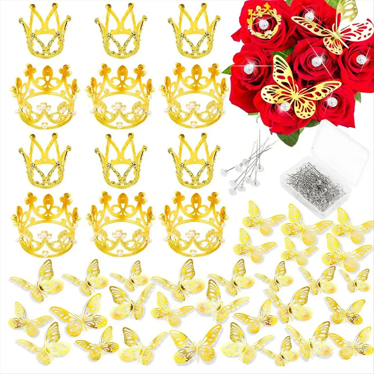 AT16 148 PCS Bridal Flower Bouquet Accessories - 36 Gold Butterfly 12 Crowns Bouquet Corsages 100 Pins