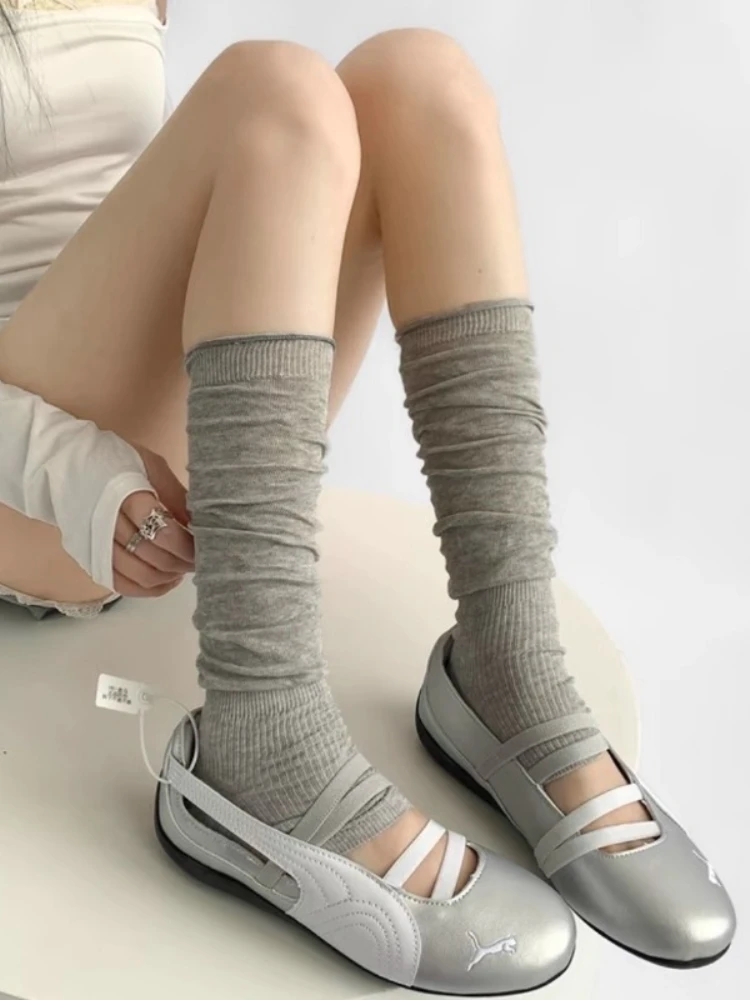 Cienkie, bawełniane ocieplacze na nogi z falbanką, damskie, modne, w stylu Lolita Cos JK, baletowe, jednokolorowe podkolanówki ze ściągaczem na łydce.