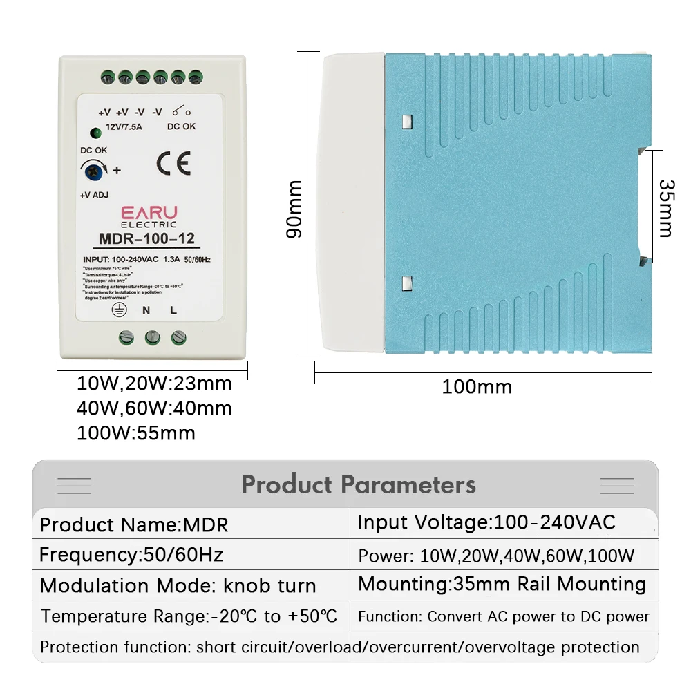 Industrial Mini AC DC Din Rail Power Supply Switch MDR-10W 20W 40W 60W 100W Single Output Switching 12V 24V 48V 100V-240V Source