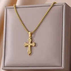 316L Stainless Steel Zircon Jesus Cross Pendant Necklaces For Women Hip Hop Gold Color Cross Necklace Party Jewelry Gift