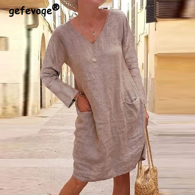 Cotton midi t-shirt dress shop for women Open leg simple dress Basic summer dress Oversized loose dress V neck shift dress