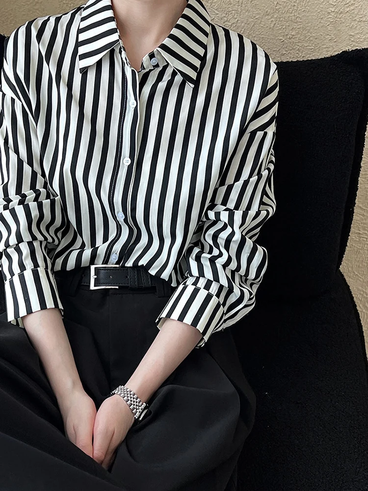 LANMREM Korean Striped Shirt For Women Lapel Long Sleeves Single Breasted Contrast Color Casual Blouses 2024 Autumn New 2Z2644