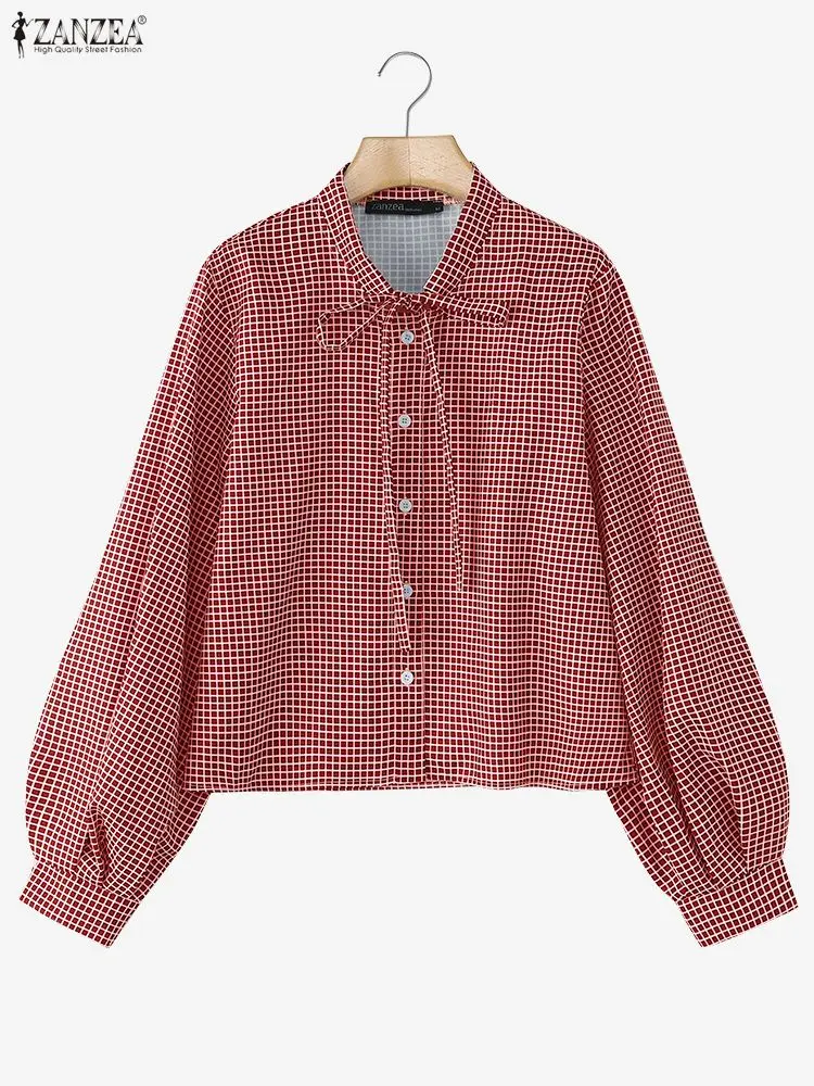 ZANZEA Herbst Kariertes Hemd Frauen Langarm Tops Frühling Büro Arbeit Bluse Casual Tasten Blusas Elegante Spitze-Up Urlaub bluse