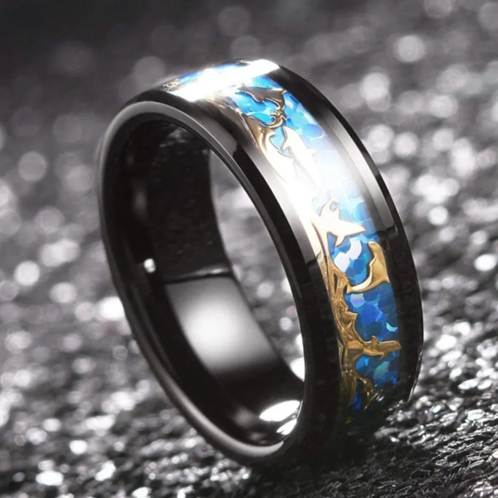 Fashion Black Blue Background Gold Chip Dolphin Stainless Steel Ring Men Inlaid Hawaiian Cocoa Abalone Shell Women's Ring Gift