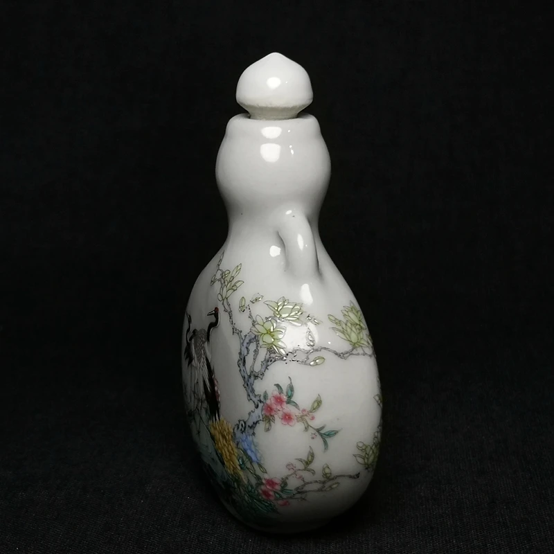 YIZHU CULTUER ART Size 3.2 Inch Chinese Porcelain Painting red-crowned crane plum blossom Snuff Bottle