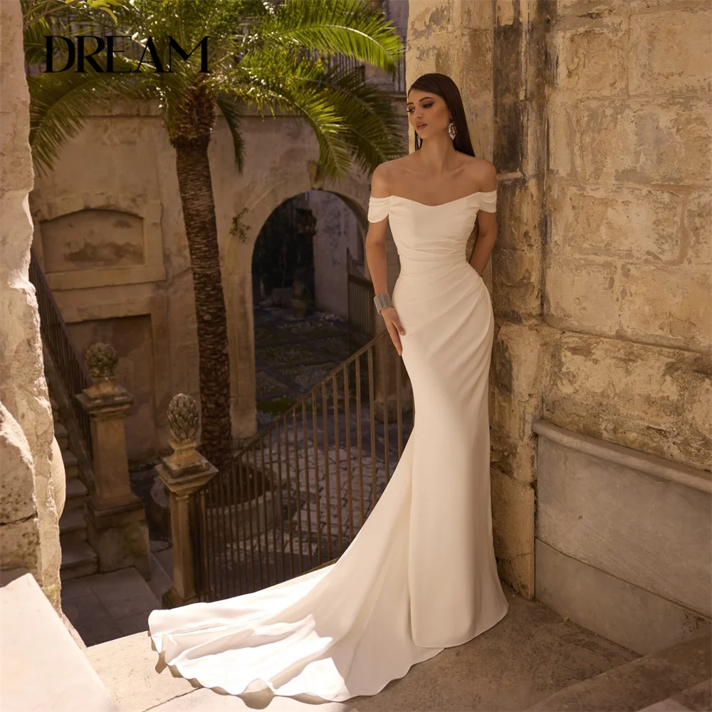 

DREAM Classic Pleat Mermaid Wedding Dress Off The Shoulder Open Back V-Neck Sweep Train Bridal Gown Vestidos De Noiva Customized
