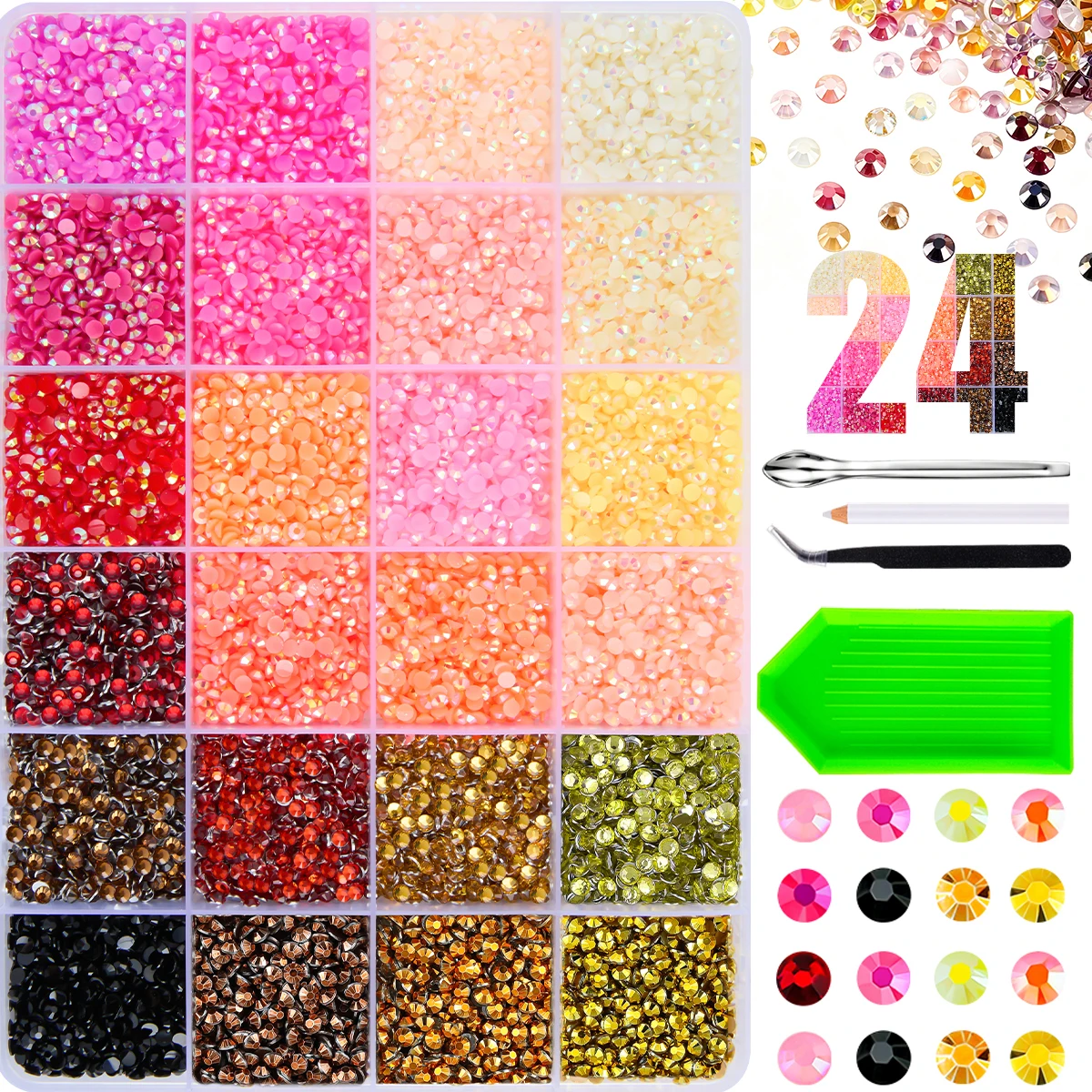 1Box 24-Colors 3mm Mini Flatback Crystal Nail Gems Charms New Trendy Semi-circular Resin Nail Rhinestones Bedazzling Kit for DIY