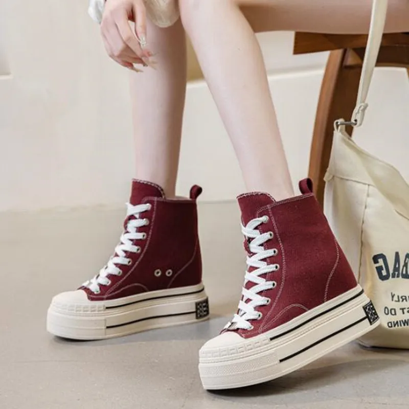 New 2026 Women Chunky Sole Canvas Sneakers Platform Casual High-Top Shoes Built-In Height Increase Ultra 12cm High Heel Versatil