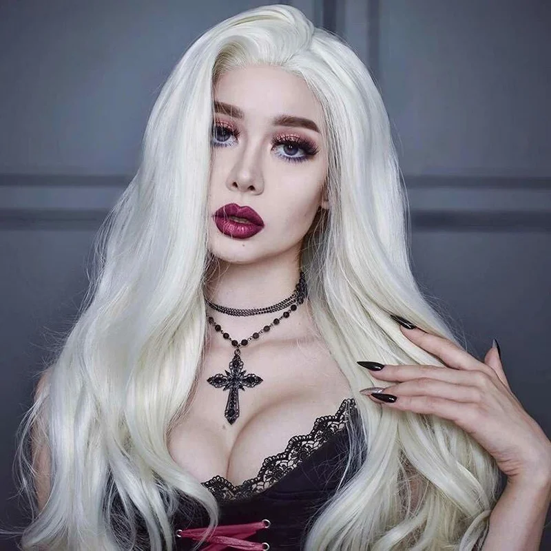 24&# 034; Long Wavy 60#   Platinum Blonde Glueless Lace Front Wig Free Part Natural Wave