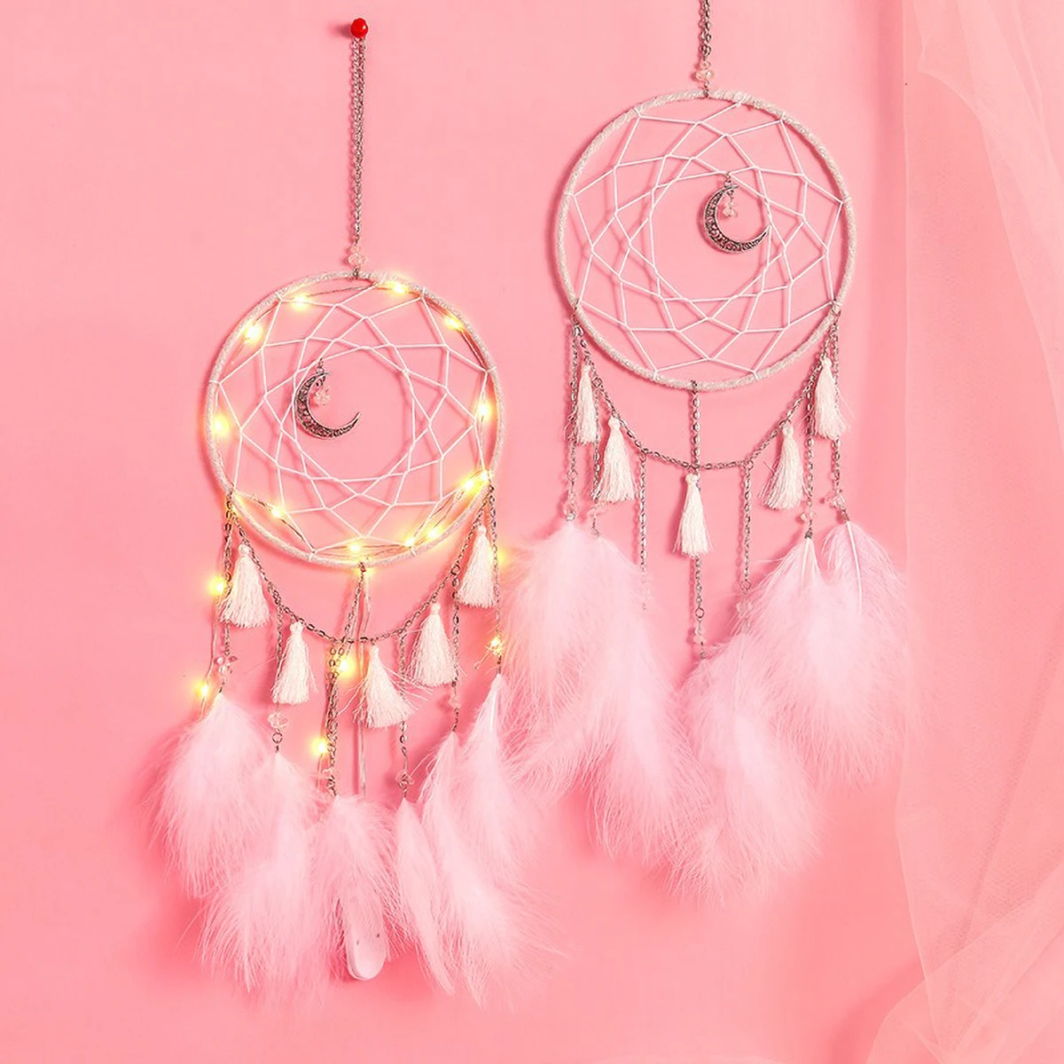 Elegant Feather Wind Chime with Dream Catcher Net, LED Pendants - Creative Handmade Gift for Her