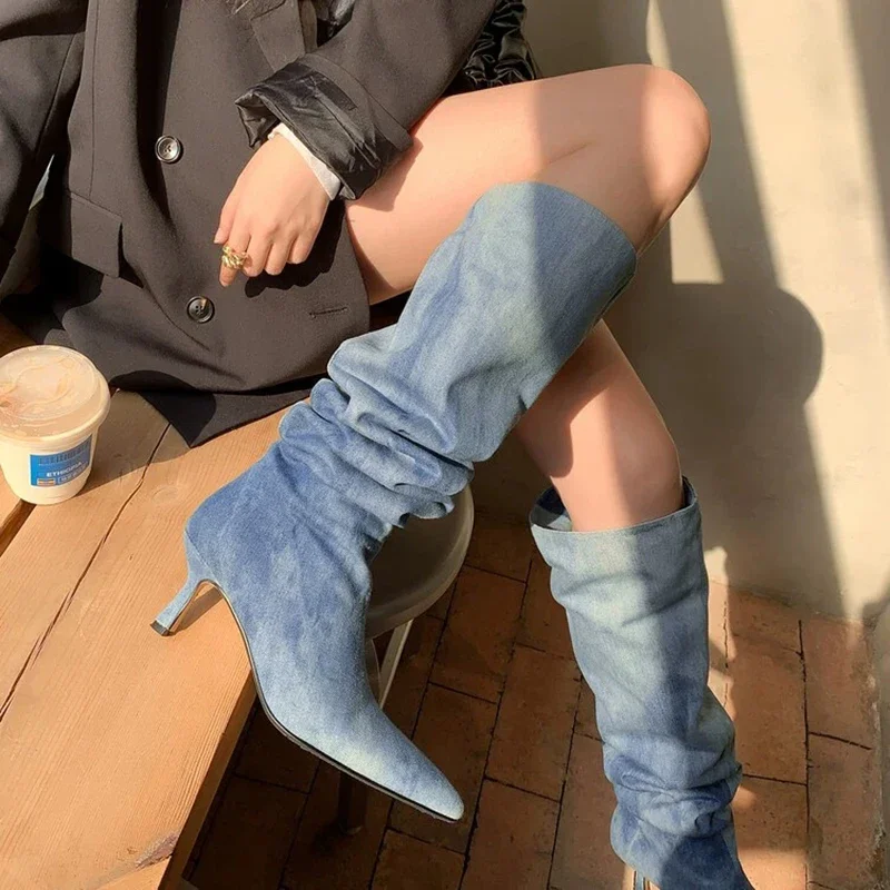 Blue Denim Knee High Cowboy Boots for Women 2023 Autumn Pleated High Heels Long Boots Woman Stiletto Heeled Jeans Botas Shoes